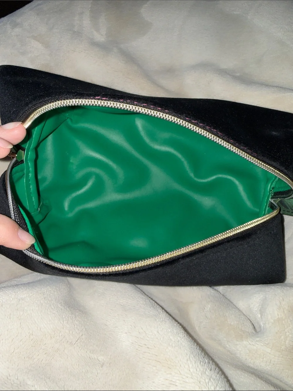Makeup Junkie Bobby Black Velvet Cosmetic Pouch with Gold Hardware